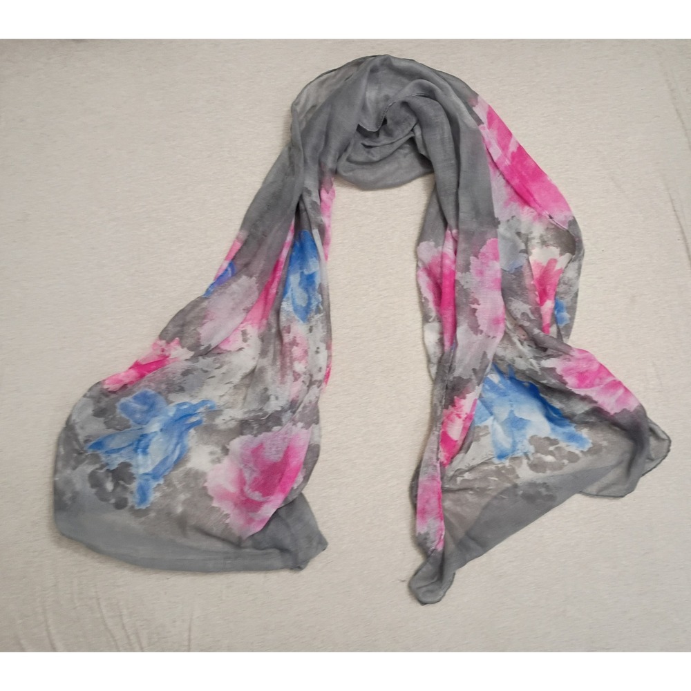 Lulla Collection by Bindya Grey Pink Floral Watercolor Scarf Lightweight Wrap